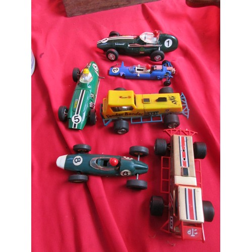 88 - Six  Scalextric cars to include to two dune type cars and four lotus type cars all untested .