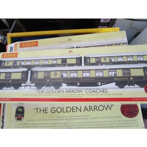 6 - Hornby Golden arrow set in original box along with a set of three coaches to run in the rake.