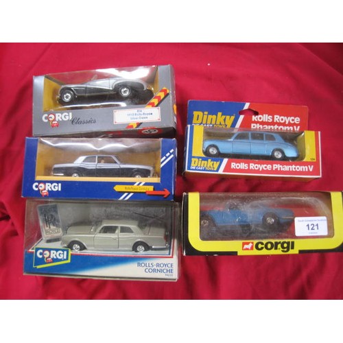 121 - Five die cast Rolls Royce model vehicles - Corgi Corniche, Corgi Classics 814 1952 Silver Dawn, Corg... 