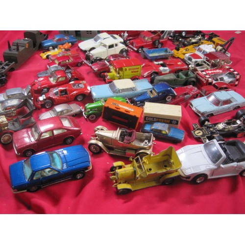 144 - About 45 die cast model cars and vehicles including Corgitronics RTL Radio Tele  Luxembourg van; Mat... 