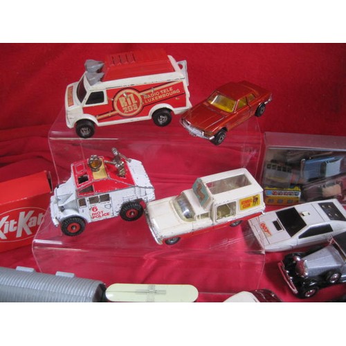 144 - About 45 die cast model cars and vehicles including Corgitronics RTL Radio Tele  Luxembourg van; Mat... 