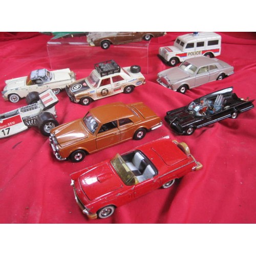 146 - An assortment of 12 play worn and inomplete die cast cars and vehicles including Corgi 007 Aston Mar... 