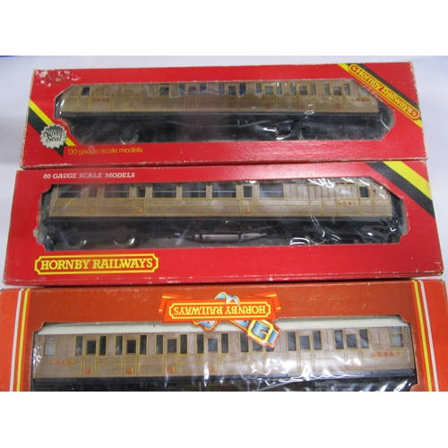 178 - Three Hornby Teak coaches two R436 and one R477 along with a Hornby Inter city R418 and an unknown I... 