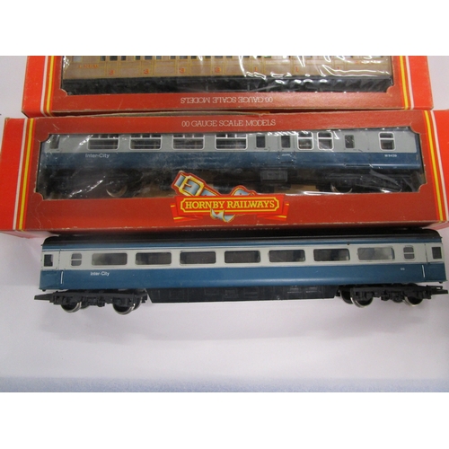 178 - Three Hornby Teak coaches two R436 and one R477 along with a Hornby Inter city R418 and an unknown I... 