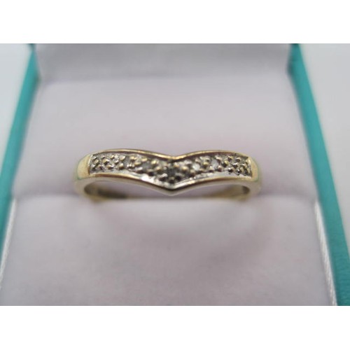 47 - A 9 carat gold wishbone ring faced with small diamonds, ring size R/S, approx weight 1.91g