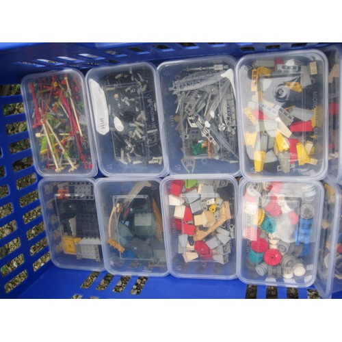 206 - Various Lego bricks and components, wheels and spindles. Contained in 28 tubs in a large blue plasti... 