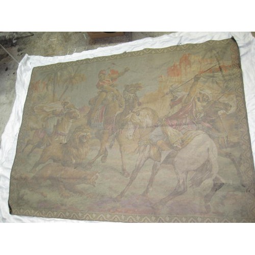 55 - An imposing woven silk wall hanging depicting a lion hunt with hunters on horses and camel, understo... 