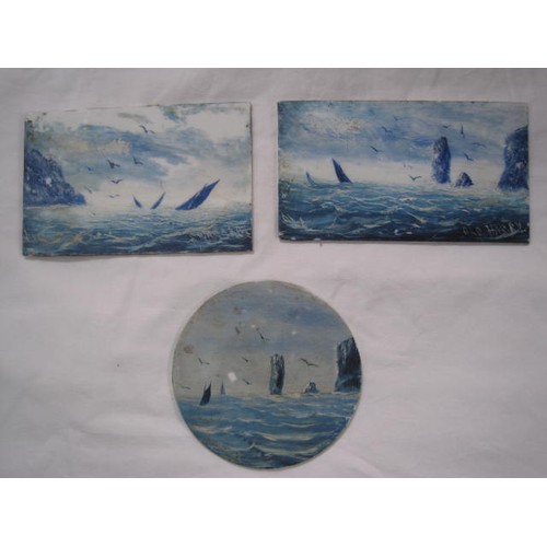 60 - Swanage and Dorset interest - three coastal scenes cold painted in blue, white and grey on opaque wh... 