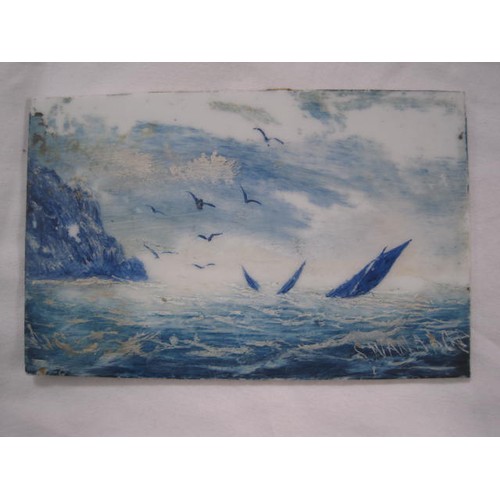 60 - Swanage and Dorset interest - three coastal scenes cold painted in blue, white and grey on opaque wh... 