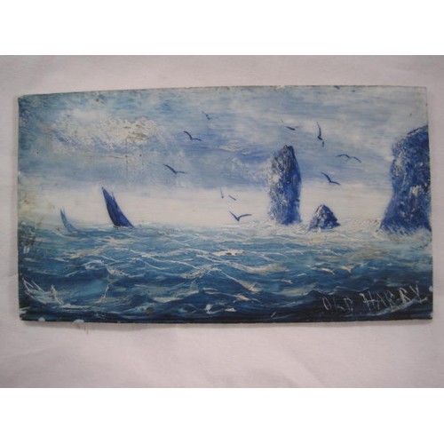 60 - Swanage and Dorset interest - three coastal scenes cold painted in blue, white and grey on opaque wh... 