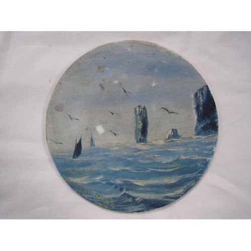 60 - Swanage and Dorset interest - three coastal scenes cold painted in blue, white and grey on opaque wh... 