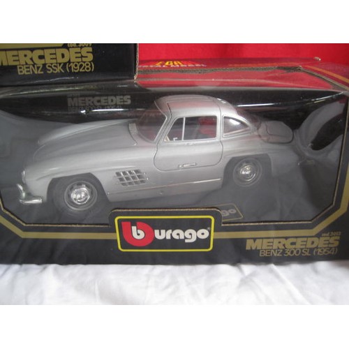 228 - Three Burago 1/18 and 1/20 scale die cast models of Mercedes Benz cars - 3020 500K Roadster (1936); ... 