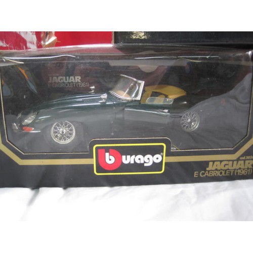 229 - Three Burago 1/18 scale die cast model cars - 3026 Jaguar E Cabriolet (1961); 3006 Jaguar SS 100 (19... 