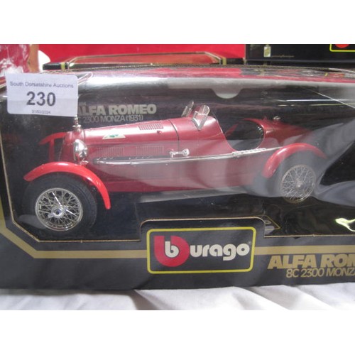 230 - Four Burago 1/18 scale die cast model cars - 3014 Alfa Romeo 8C 2300 Monza (1931); 3032 Ferrari F40 ... 