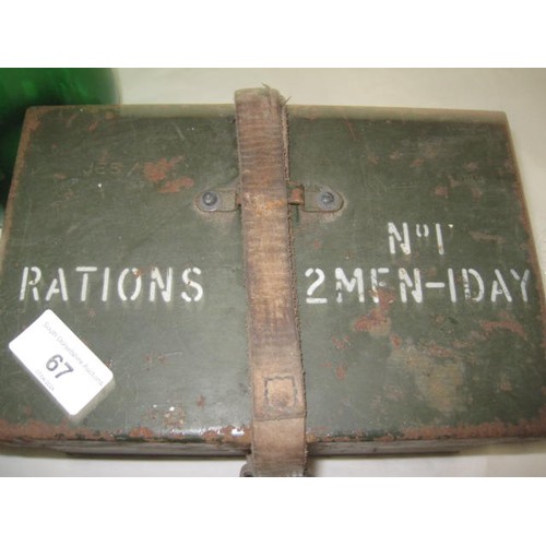 67 - A metal Military rations tin Two men 1 day along with a hand made tall glass jug four cut crystal sh... 