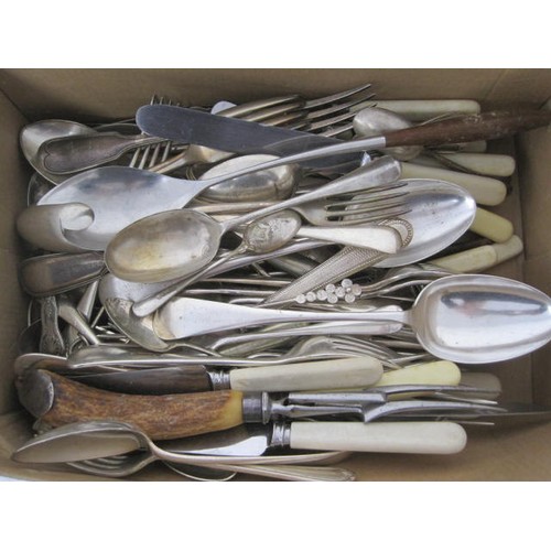 141 - A good selection of silver plate cutlery to include serving spoons along with a deer antler carving ... 