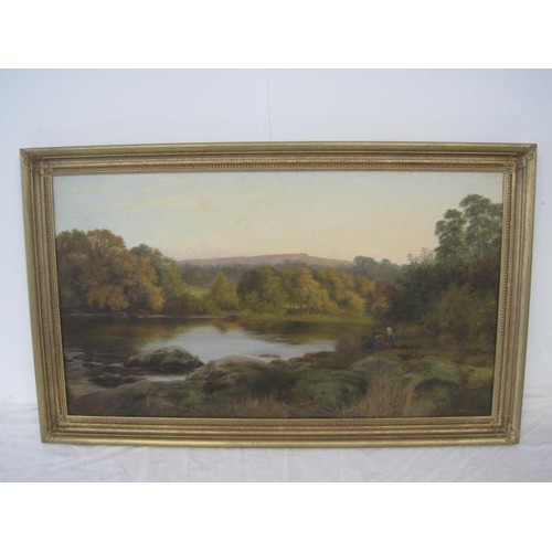 95 - An oil on canvas of a couple sitting by a rural lake, possibly on Dartmoor, signed to the bottom lef... 