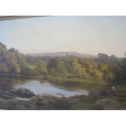 95 - An oil on canvas of a couple sitting by a rural lake, possibly on Dartmoor, signed to the bottom lef... 