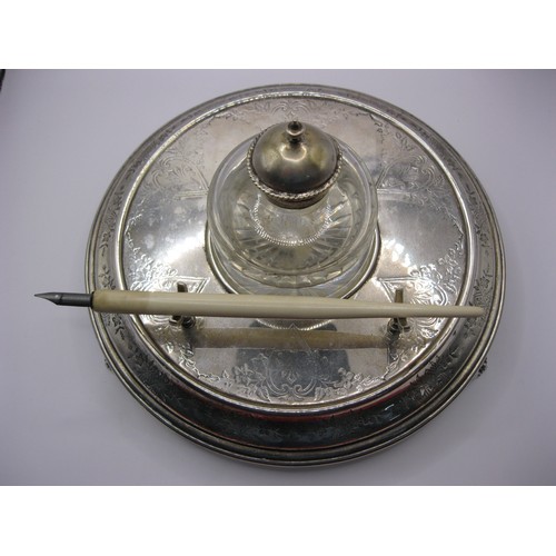 61 - A Silver Plated Desk Inkwell with glass well and bone/bakelite dip and pen, c. late 1900's