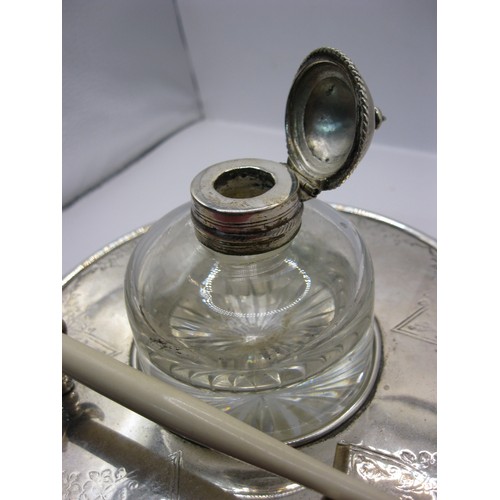 61 - A Silver Plated Desk Inkwell with glass well and bone/bakelite dip and pen, c. late 1900's