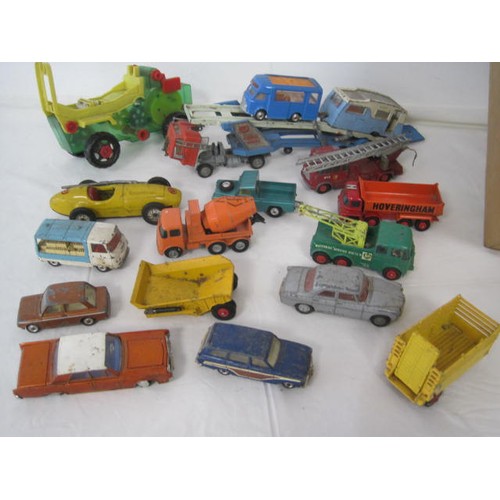 250 - A box of assorted die cast and tin plate cars including Dinky, Corgi and Lesney Matchbox