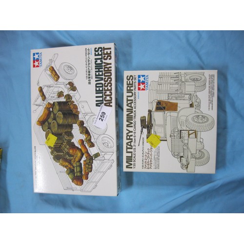 259 - An assortment of accessory packs of military and other models comprising Tamiya #229 Allied Vehicles... 