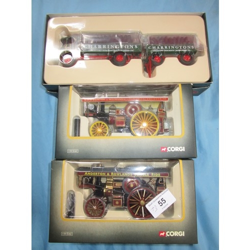 55 - Corgi Sentinel dropside wagon and trailer along with two 1/50 scale traction engines CC20109 and 801... 