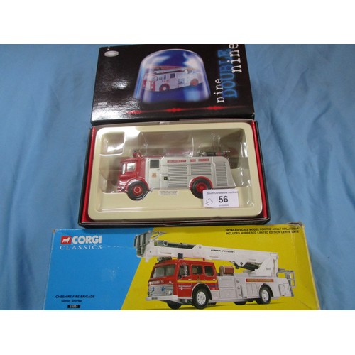 56 - Two Corgi CC10304 and CC13002 fire engines along with a Cheshire fire brigade 32001