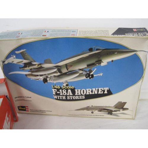 284 - Three military model kits, all appear complete but not checked, and a shoebox of Revell modelling pa... 