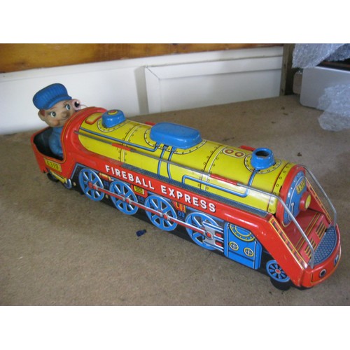 126 - A late-1960s tin plate Fireball Express battery operated train, Japanese made by Modern Toys. Batter... 