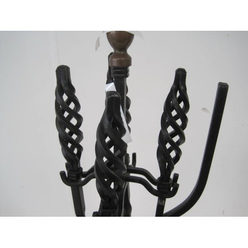 155 - Four-tool fireside companion, blackened wrought iron with copper finial