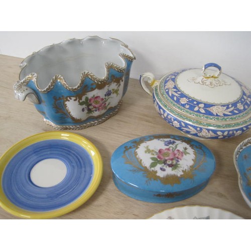 166 - Three items of Porcelain Royale in blue ground with painted floral reserves and gilding - a monteith... 