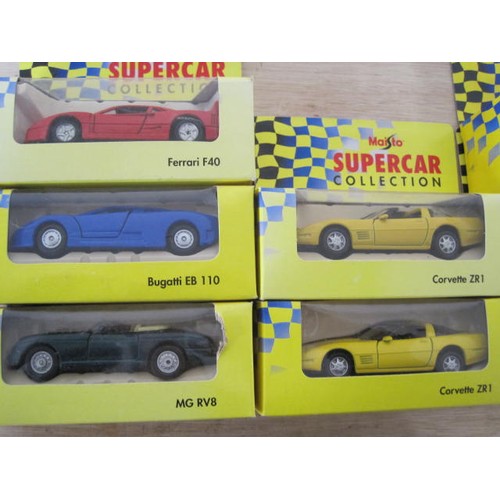 301 - Eight Maisto Supercar Collection model cars in original boxes - 2 x Bugatti EB110, MG RV8, Ferrari F... 