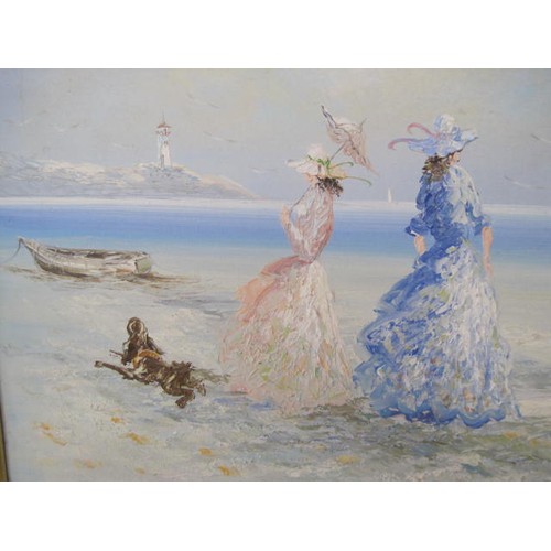 208 - Oil on Canvas - Ladies with Parasols on the seashore