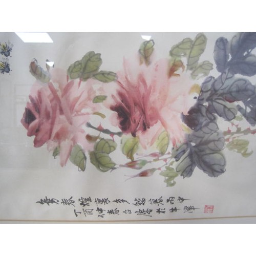 100 - A framed and glazed Oriental painting of flowers & bees, gallery sticker for Mobile Alabama to rever... 