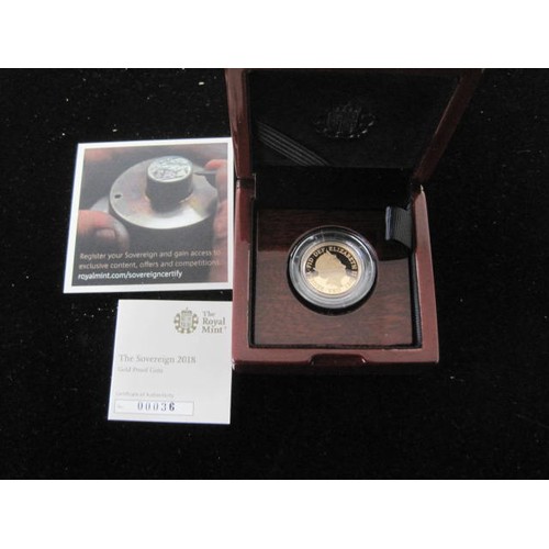 35A - A 2018 gold proof sovereign, in original Royal Mint packaging and laquered box, absolutely mint cond... 