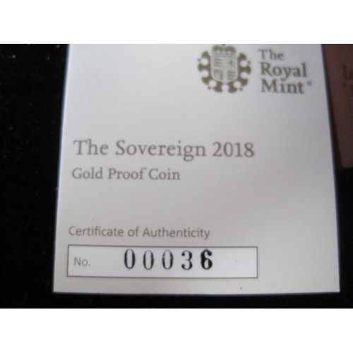 35A - A 2018 gold proof sovereign, in original Royal Mint packaging and laquered box, absolutely mint cond... 