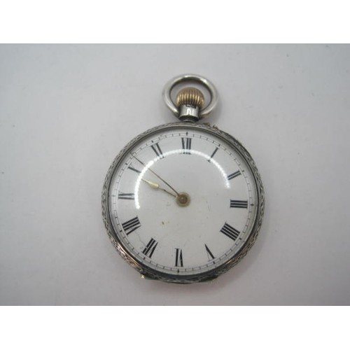 31 - Small silver open face pocket watch, plain enamel dial with Roman chapter, the case with foliate cha... 