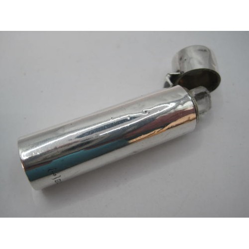 38 - Silver cylindrical scent bottle with hinged lid, glass stopper, height 6.4cm. Birmingham assay, date... 