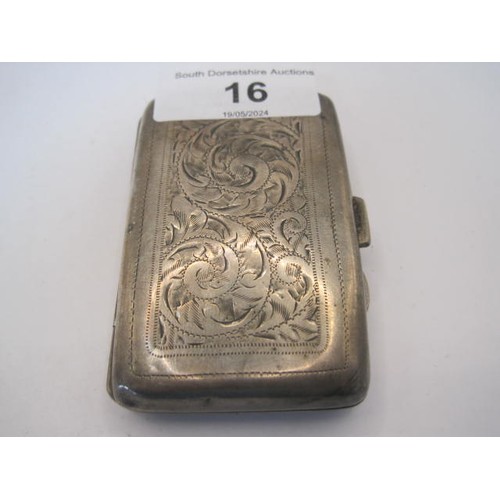 16 - Small silver cigarette case with foliate engraving front and back and vacant escutcheon, 7.4cm x 7.9... 