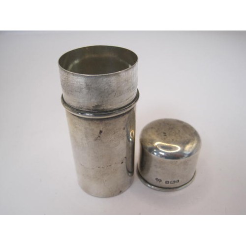 18 - Silver cylindrical cosmetics jar with push base, height 7.2cm, diameter 3cm, 32g, marks for Sheffiel... 