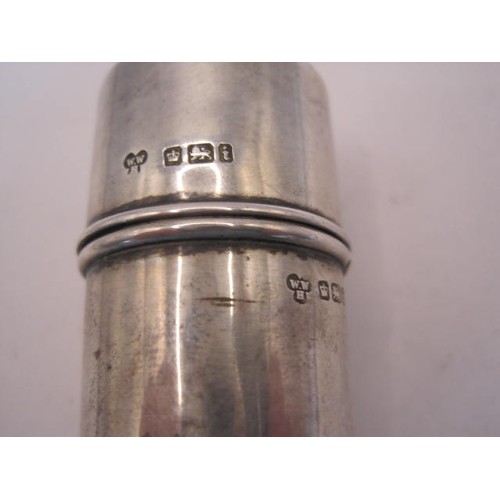 18 - Silver cylindrical cosmetics jar with push base, height 7.2cm, diameter 3cm, 32g, marks for Sheffiel... 