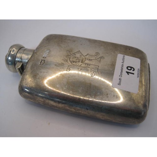 19 - Mappin and Webb silver hip flask, engraved with decorative interlinked initials RH, height 13.5cm, w... 