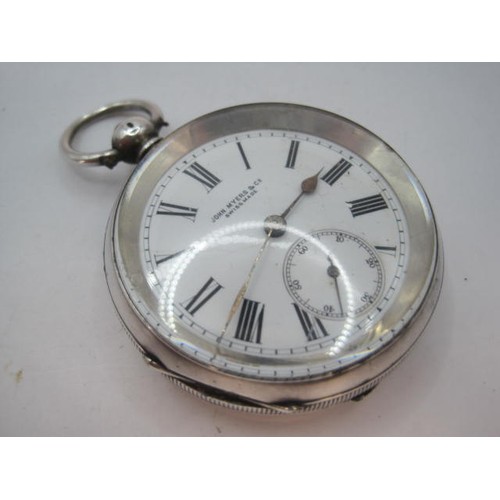 91 - 935 Silver open face pocket watch, the dial signed John Myers & Co Swiss Made, Roman chapter and sub... 