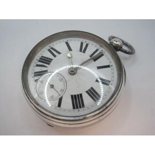 92 - A large silver open face pocket watch, the dial with silver hands and distinctively thick Roman nume... 