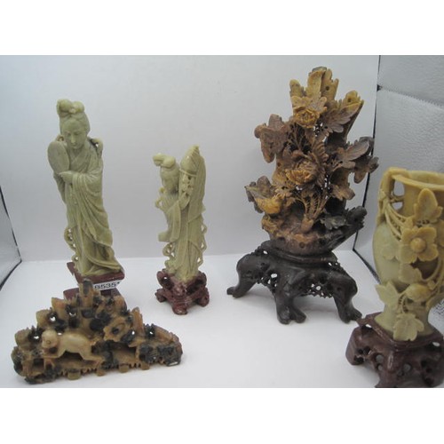 135 - A collection of five Chinese carved soapstone figures - bird and flower arrangement (height 21.5cm);... 