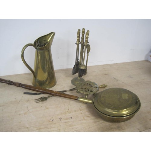 184 - Collection of Brassware - bed warmer, trivet, companion set, fireside tools, toasting fork and brass... 