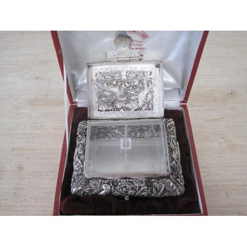 66 - A Indian silver 800 grade fretted trinket box in original Jass Jeweller carry presentation box