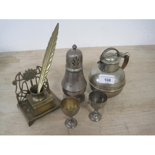 108 - A brass inkwell with brass quill holder along with a silver plated coffee pot and a Silver plated su... 