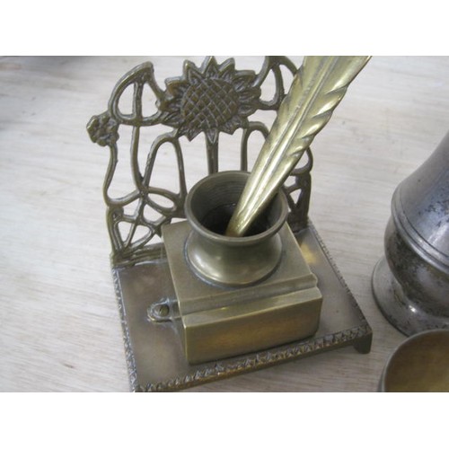 108 - A brass inkwell with brass quill holder along with a silver plated coffee pot and a Silver plated su... 